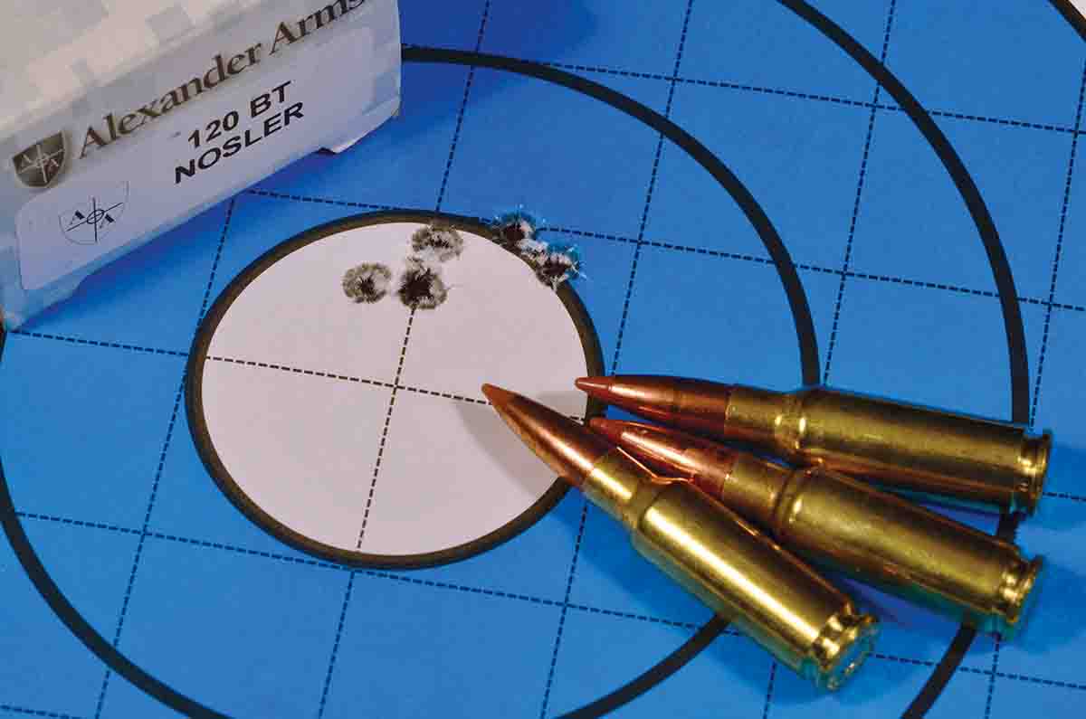 Alexander Arms’ factory ammunition makes full use of the accuracy of both rifle and cartridge. This five-shot group measures .90 inch. The bullet is the Nosler 120-grain Ballistic Tip.